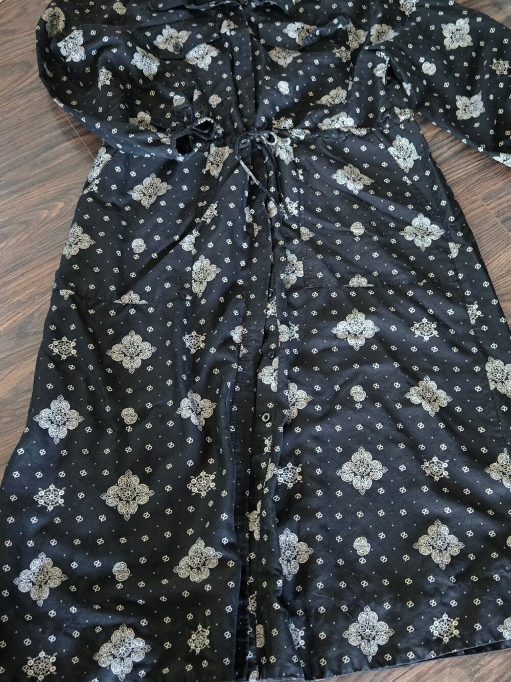 WOOLRICH Boho Style Black w/ White Floral Paisley Pattern Maxi Shirtdress SIZE L